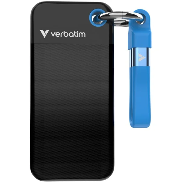 Verbatim Pocket SSD 1 TB, Externe SSD (schwarz/blau, USB-C 3.2 Gen 2 (10 Gbit/s), mit Schlüsselring und Kabelhalter)